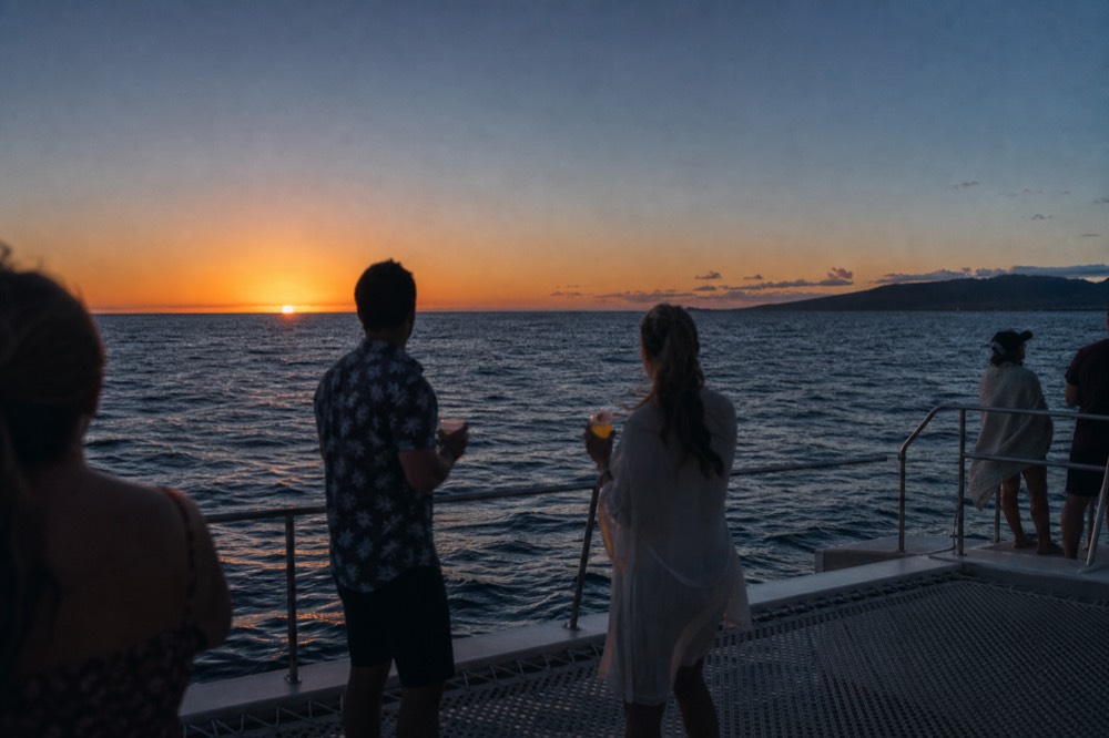 Guests standing at a catamaran rail with cocktails in hand, trampoline netting underfoot, an island silhouette on the horizon
