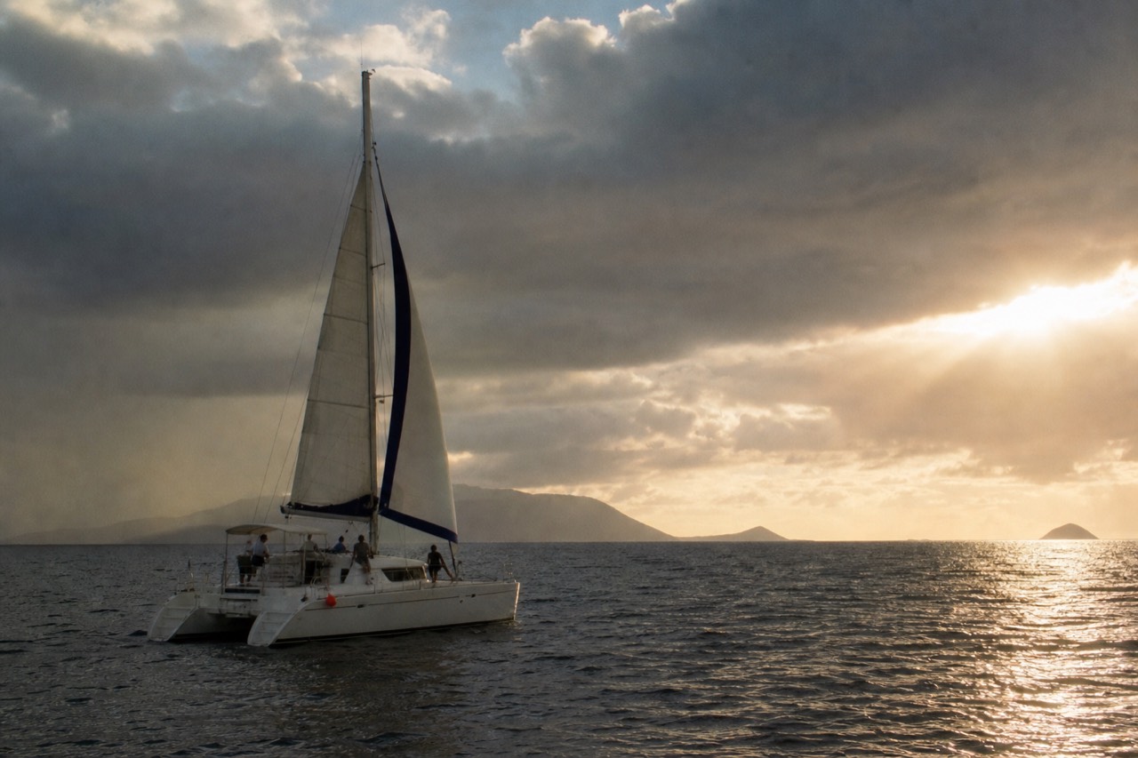 A catamaran on grey-blue water under a broken sky, one shaft of low sun breaking through cloud onto the sea, a rain squall trailing in the distance