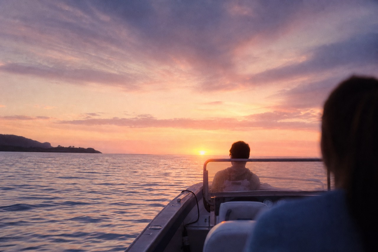 A small open powerboat idling on flat evening water with only a handful of seats visible and a low sun ahead
