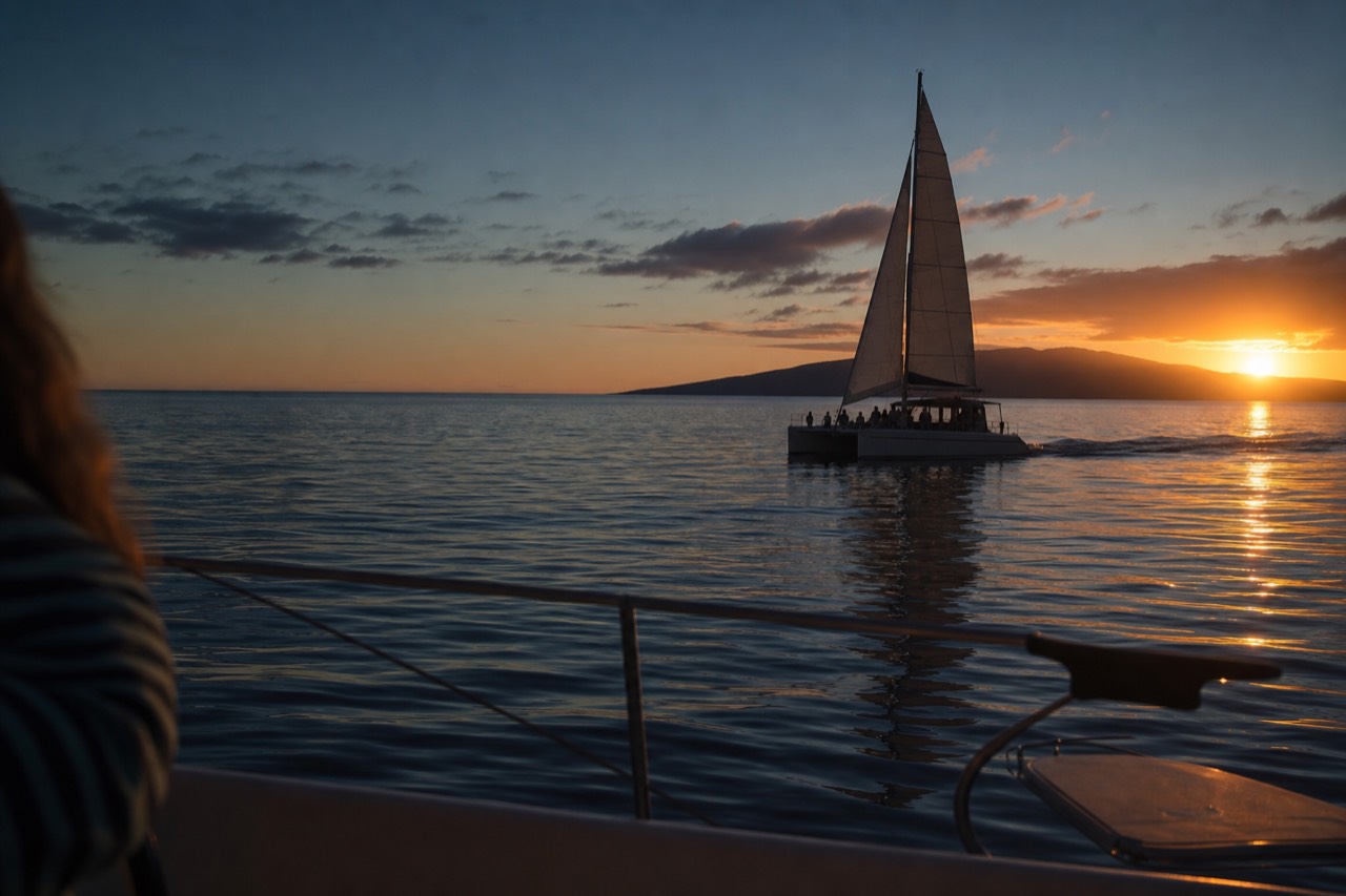 A catamaran under sail on glassy water with the low profile of a neighbouring island backlit by an orange sun near the horizon