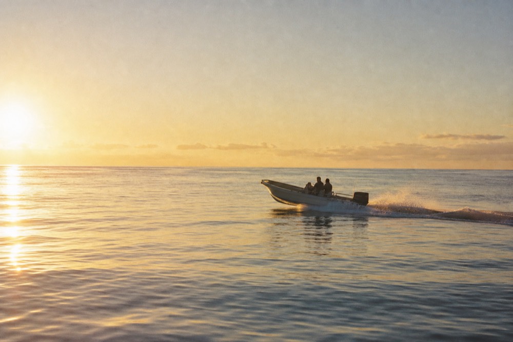 A small open powerboat with two figures aboard cutting across glassy water, long golden light and an empty horizon around it