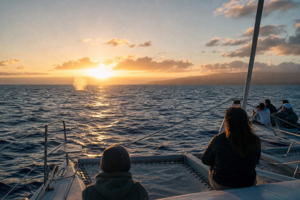 Winter evening on the water with a distant whale spout catching the last light and a low sun behind it