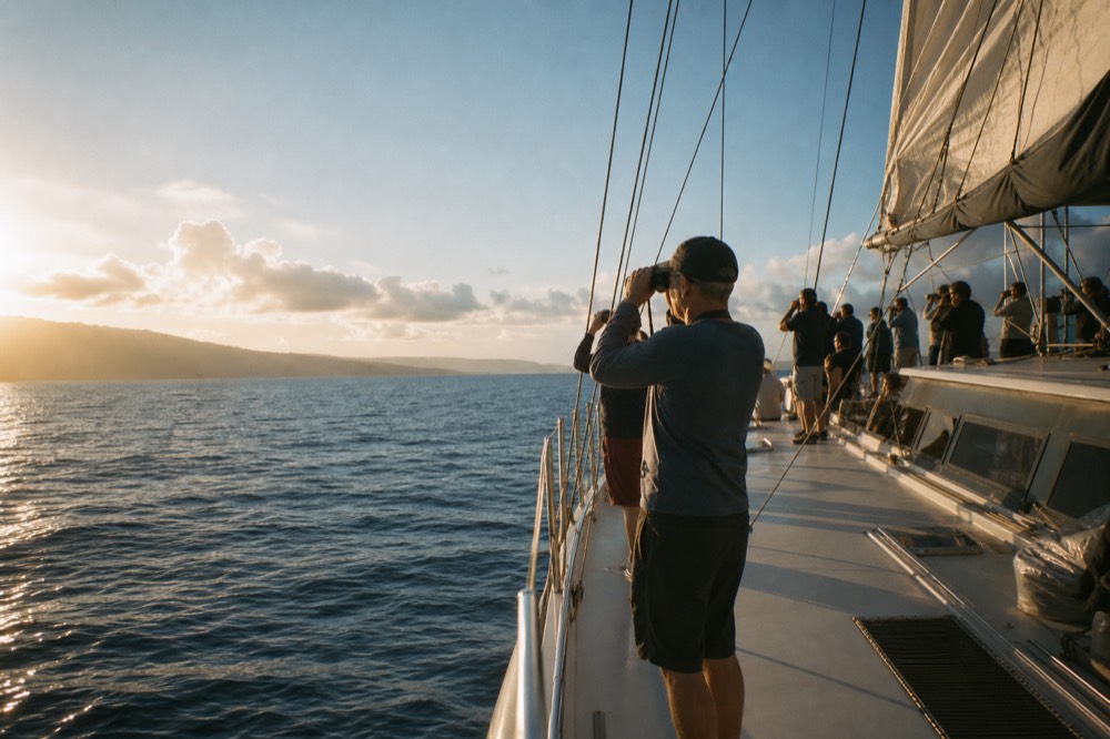 Passengers along a boat rail scanning open water with binoculars while low sun throws long shadows across the deck